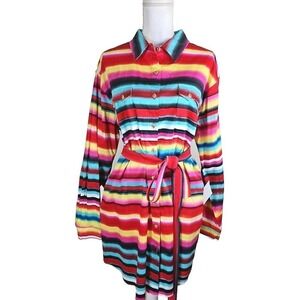 L&B Bright Stripes Button Down Shirt Dress Size 1X/2X Floral Buttons Pockets NEW